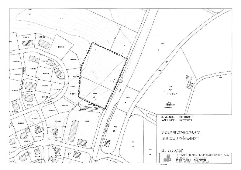 Lageplan mit Standort des neuen Lebensmittelmarkts, linksseitig am Ortsausgang Dietingen in Richtung Maria Hochheim.